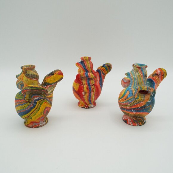 Multicolor Marbled Chicken Rooster Clay Whistle Figurines Folk Art Set of 3 - Picture 1 of 16